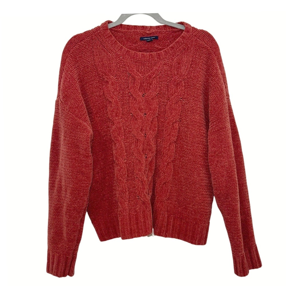 American‎ Eagle Burnt Orange Chenille Cable Knit Sweater Womens L/XL Crew Neck